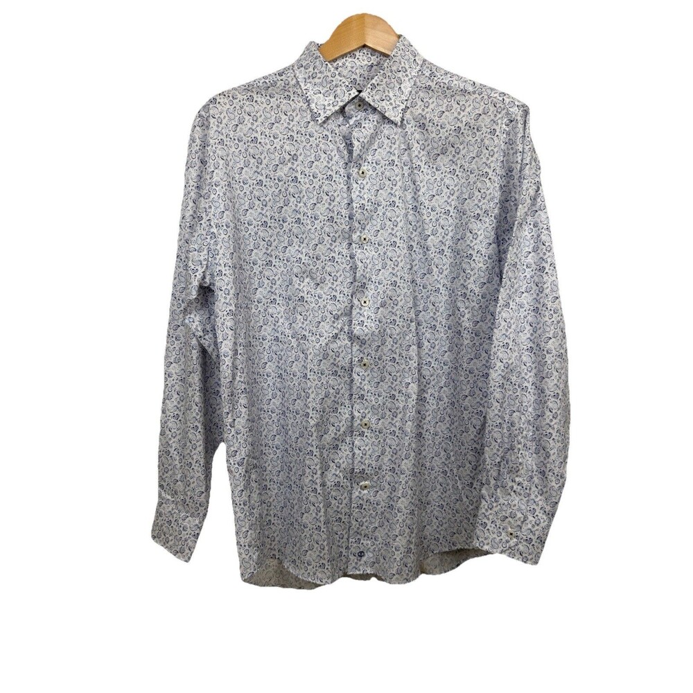 David Donahue Men’s L Long Sleeve Button Down Shirt Blue, White Paisley